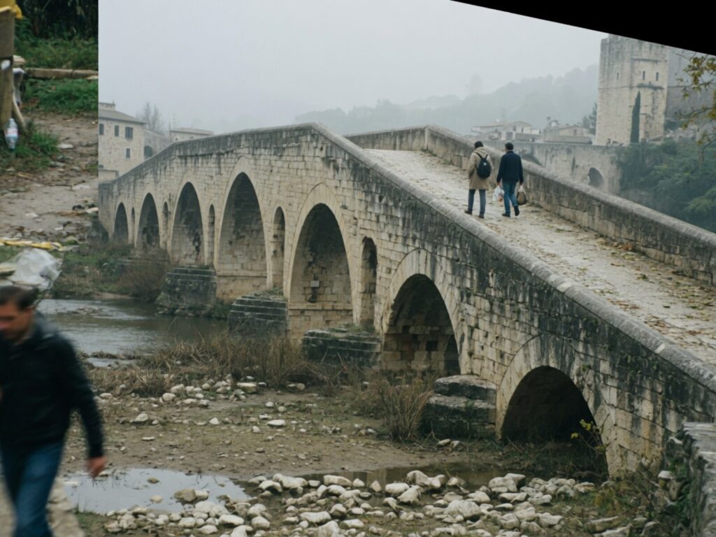 Walkers crossing the medieval stone bridge into the old town