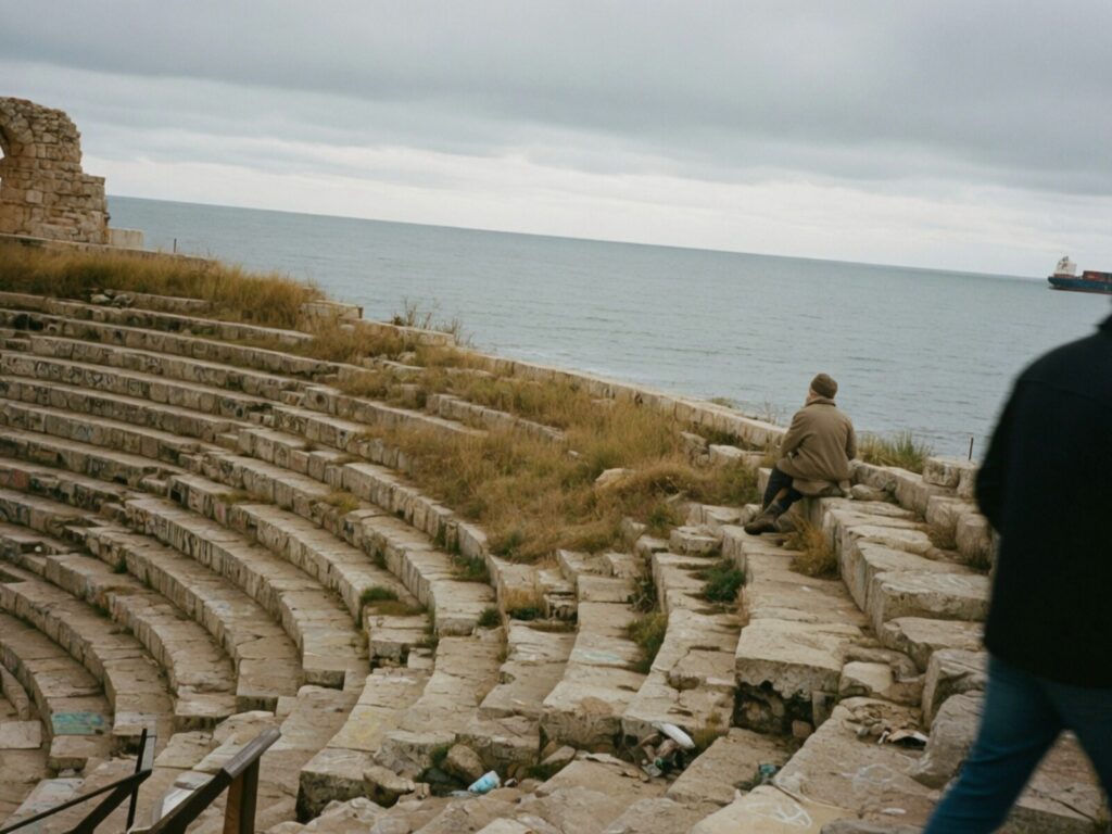 Roman amphitheatre steps overlooking the sea, a cargo ship on the horizon