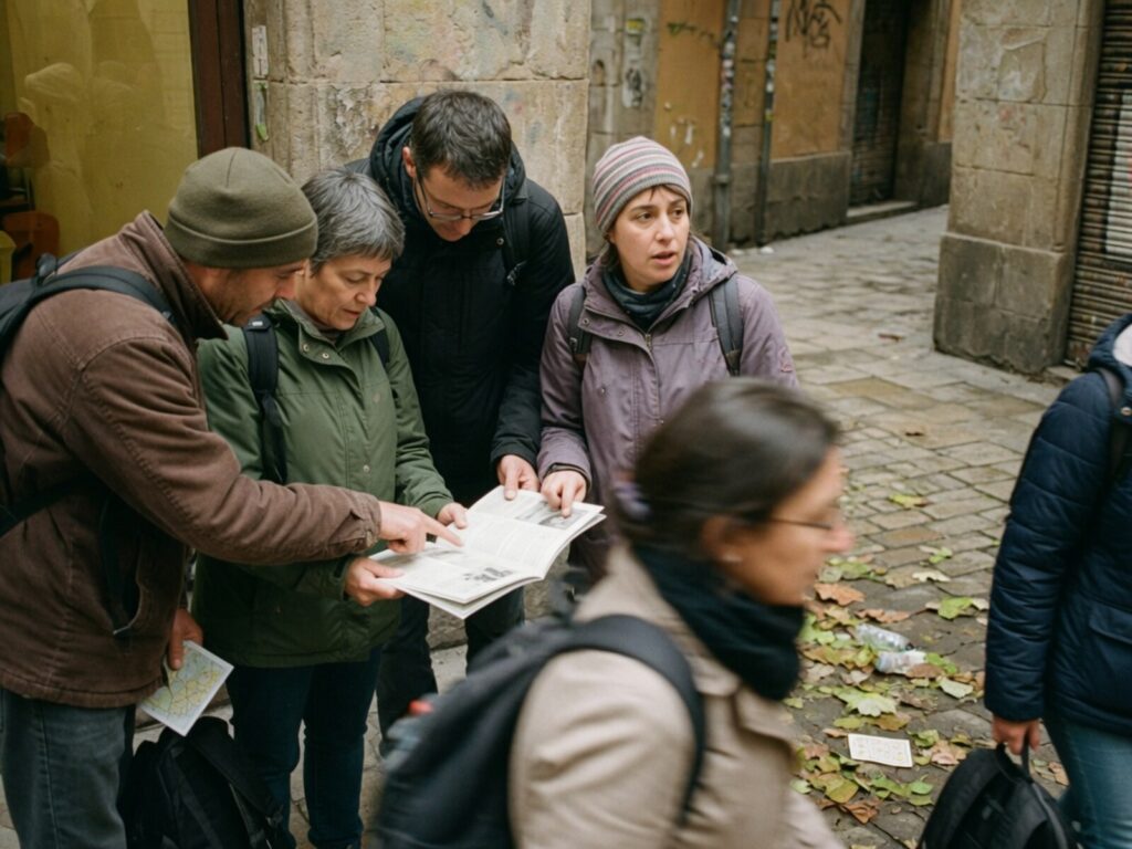 The group gathered around the guide's notes in a narrow old-town street