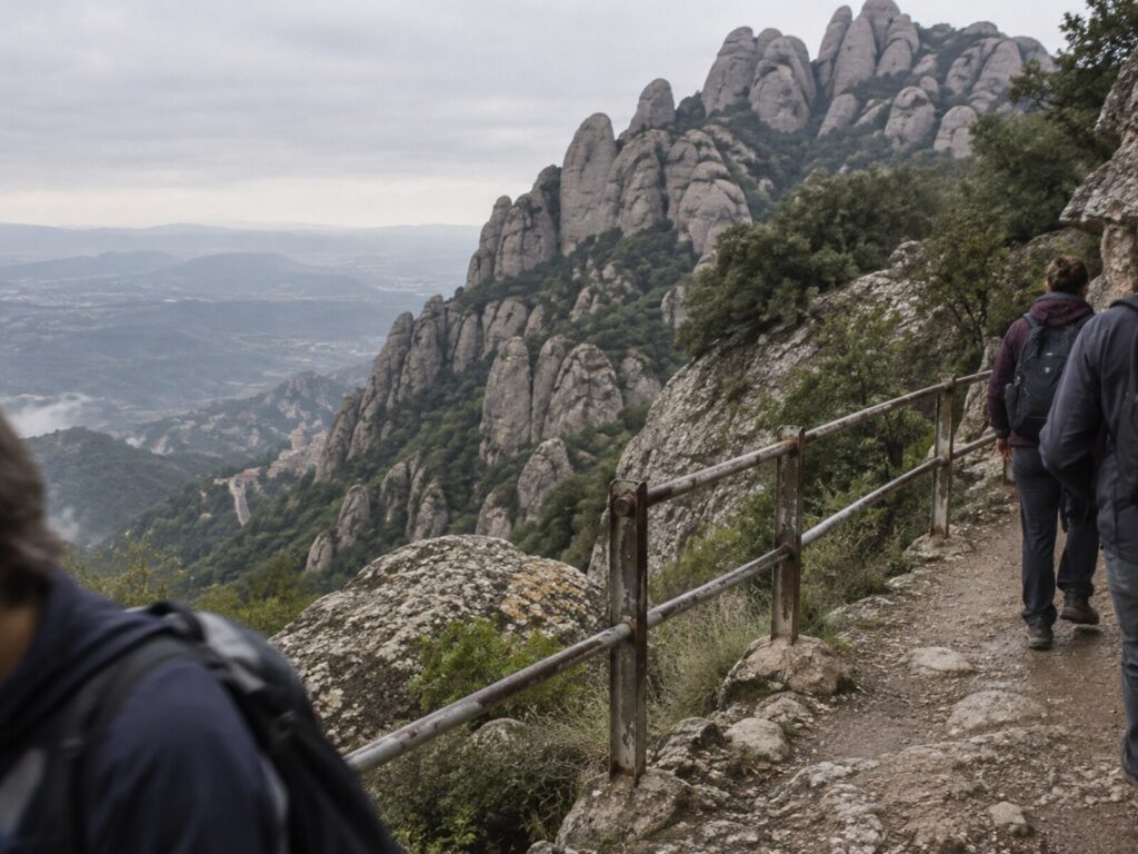 Walking the mountain path with the serrated rock pinnacles of Montserrat ahead
