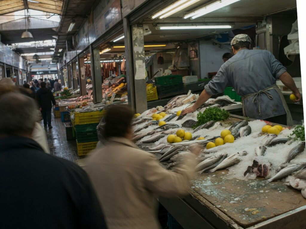 Picking the fish at the market stall before the cooking starts