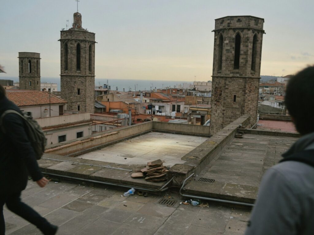 On the rooftop terrace, level with the Gothic bell towers and the sea beyond