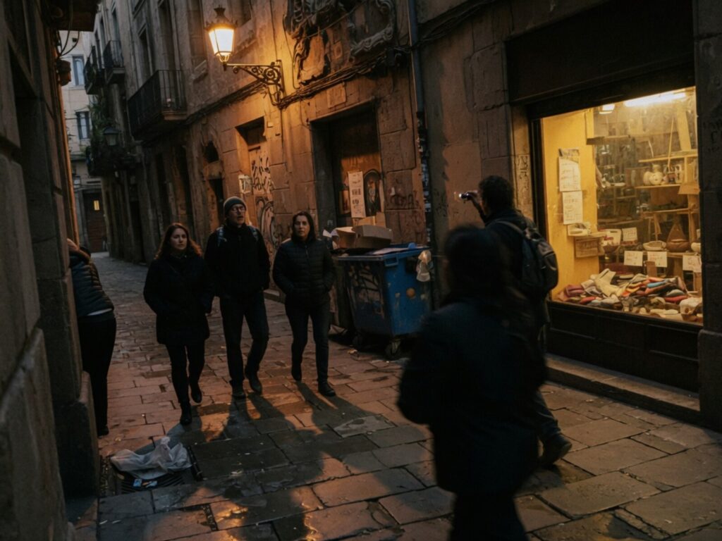 The group walking a narrow Gothic Quarter street after dark, past a lit shop window
