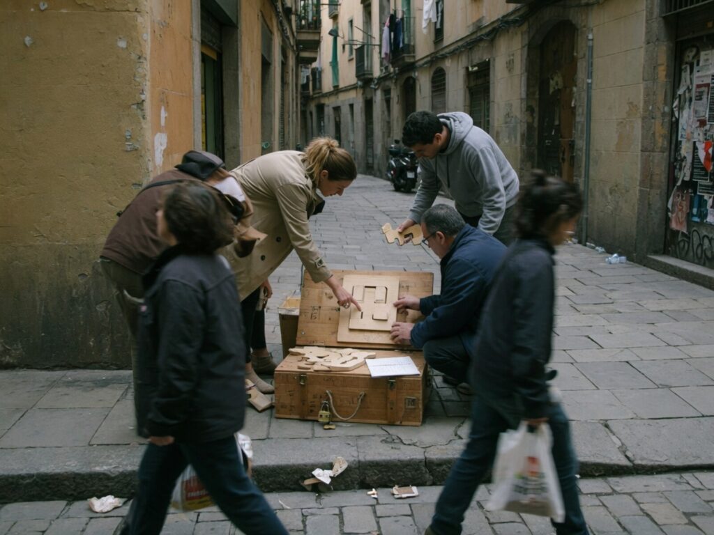 Players solving one of the wooden puzzles on the trunk, out in the street