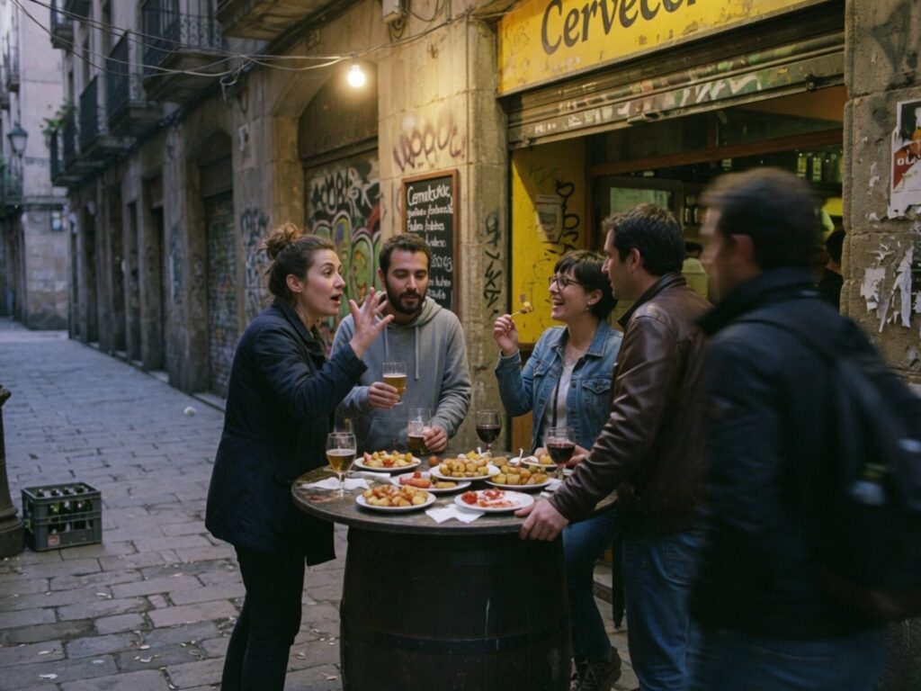 Tapas and drinks around a barrel table outside a neighbourhood bar