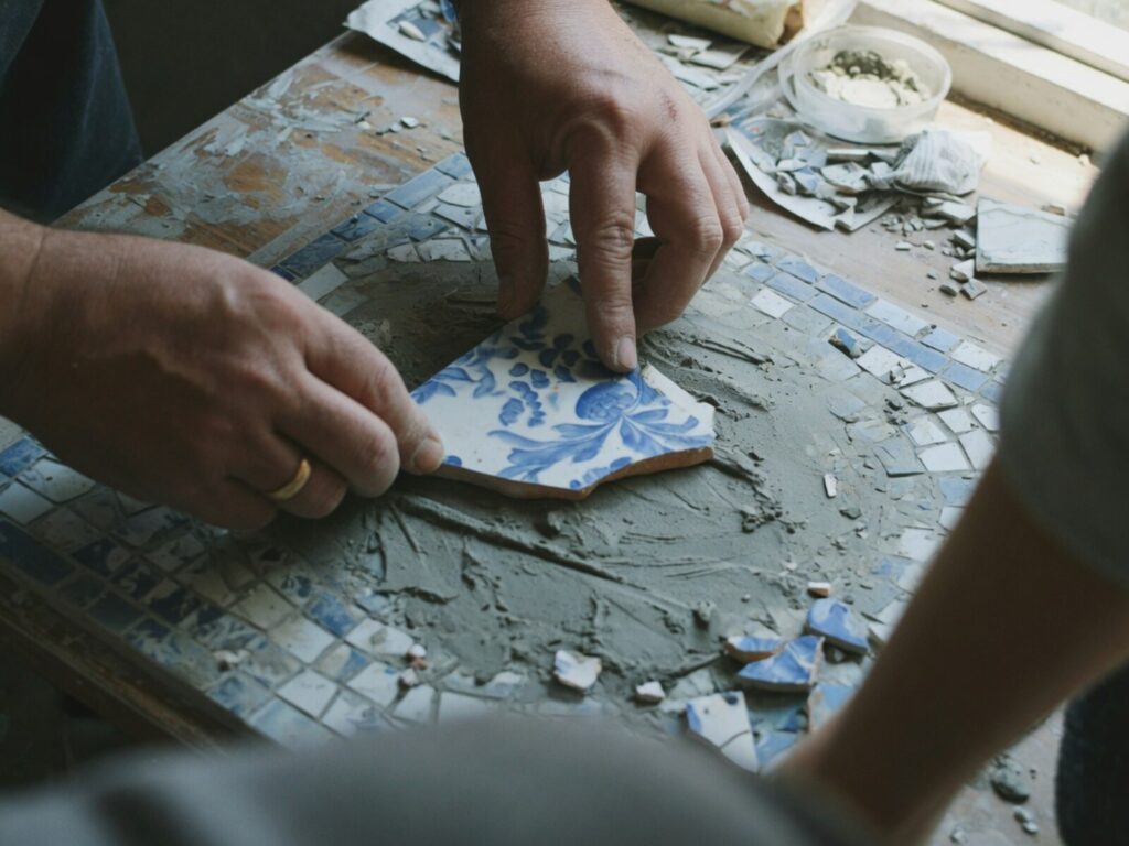 Hands pressing a blue-and-white floral tile into fresh mortar