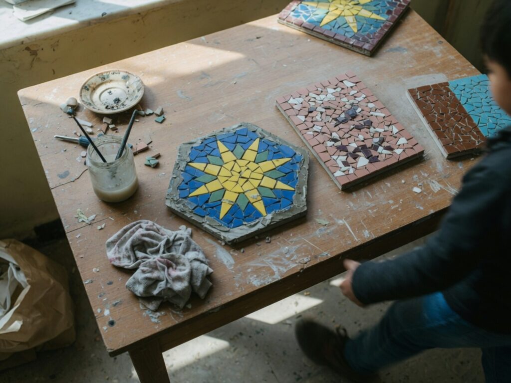 Finished trencadis mosaics drying on the workshop table