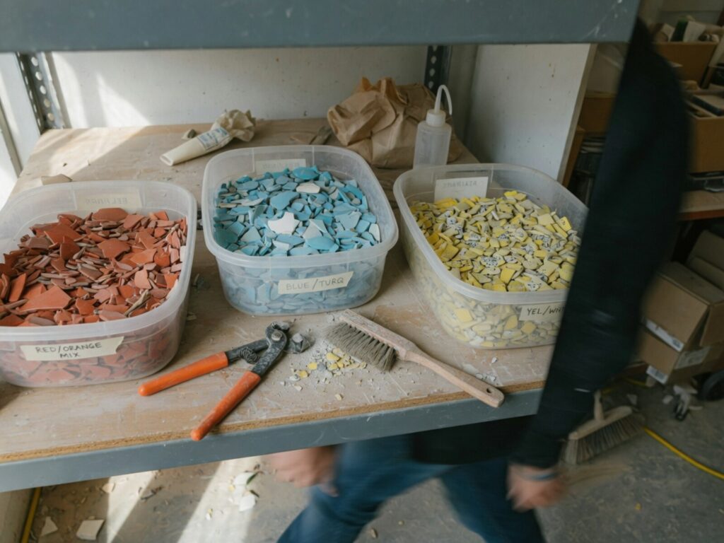 Trays of ceramic shards sorted by colour, with nippers and brushes