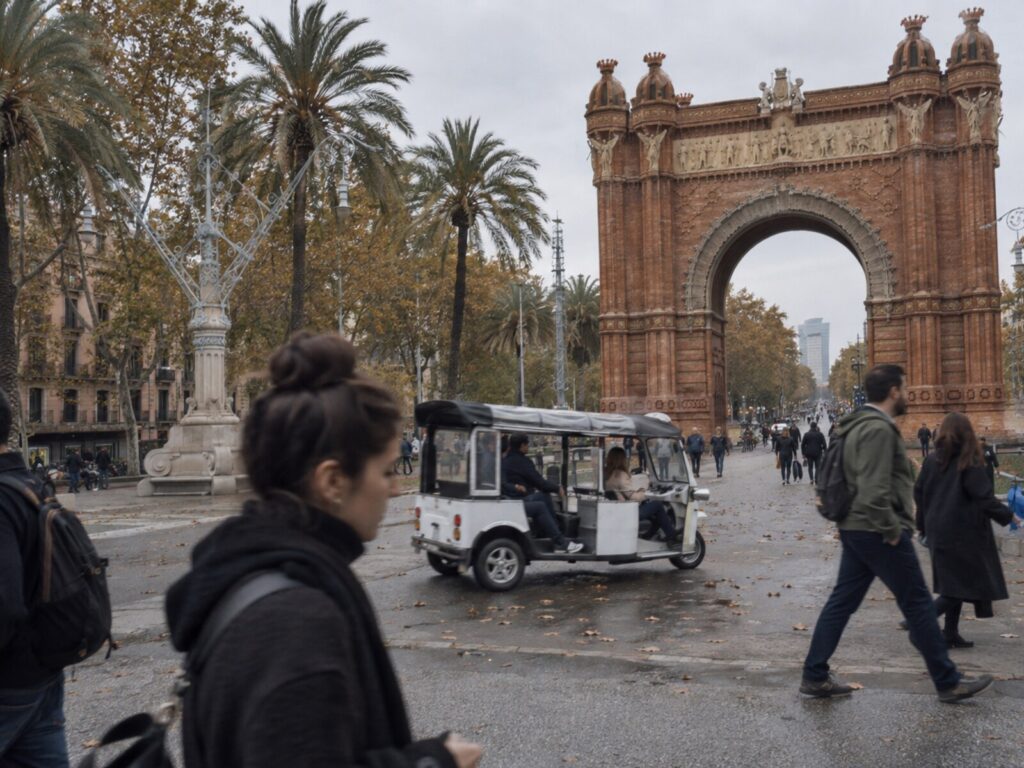 The electric tuk tuk passing the Arc de Triomf on its palm-lined avenue